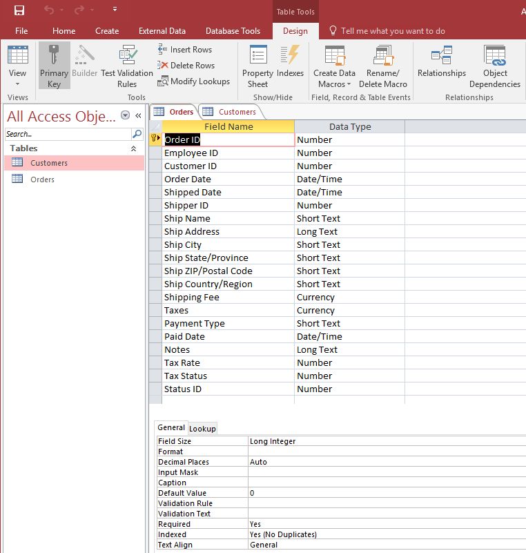 Order Table Design View