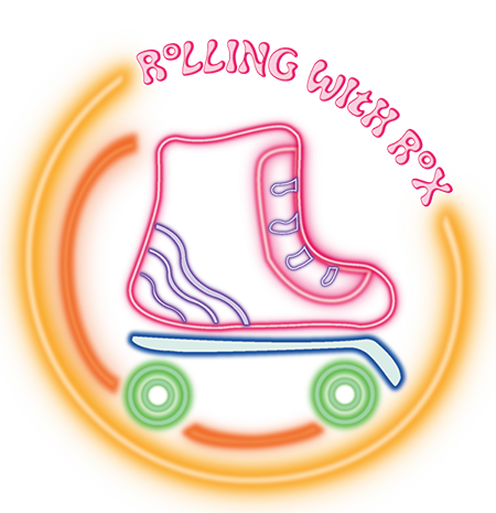 This is the Rolling with Rox logo. It is a roller skate made out of neon lights, with a yello and orange neon circle around it. The Rolling with Rox text is in the top center of the neon circule, with a pink color to it.