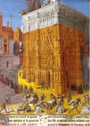 Gothic cathedral in construction, manuscript miniature by Jean Fouquet, 15th century