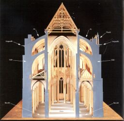 Cathedral model, showing central nave, aisles, vaulting with buttresses