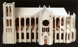 Cathedral model showing south facade with south portal and rose window, choir to east and main entrance to west