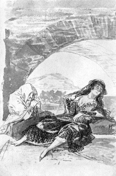 Goya, Maja and Celestina waiting under an arch, 1796-1797, Album B #4