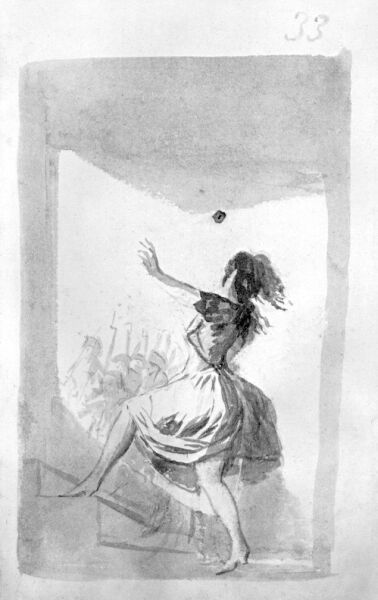 Goya, Young woman running up steps to see soldiers, 1796-1797, Madrid Album B #33