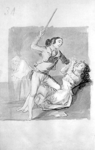 Goya, Young man beating a girl with a stick, 1796-1797, Madrid Album B #34