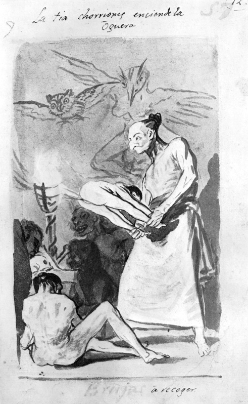 Goya, Auntie Bellows lights the fire, Witches about to gather again, 1796-1797, Madrid Album B #57