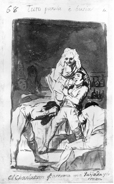 Goya, Every word is a lie. The charlatan who pulls out a jar and, 1796-1797, Madrid Album B #68